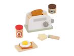Wooden toy breakfast set with toaster, toast, fried egg, butter, strawberry jam, and chocolate spread.