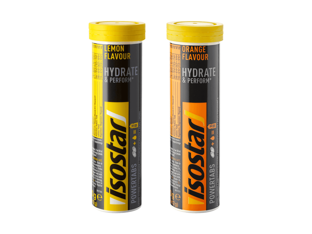 Deux tubes d'électrolytes effervescents, l'un au citron et l'autre à l'orange, pour l'hydratation et la performance.