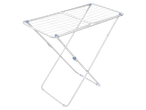 White clothes drying rack with blue accents on a black background.