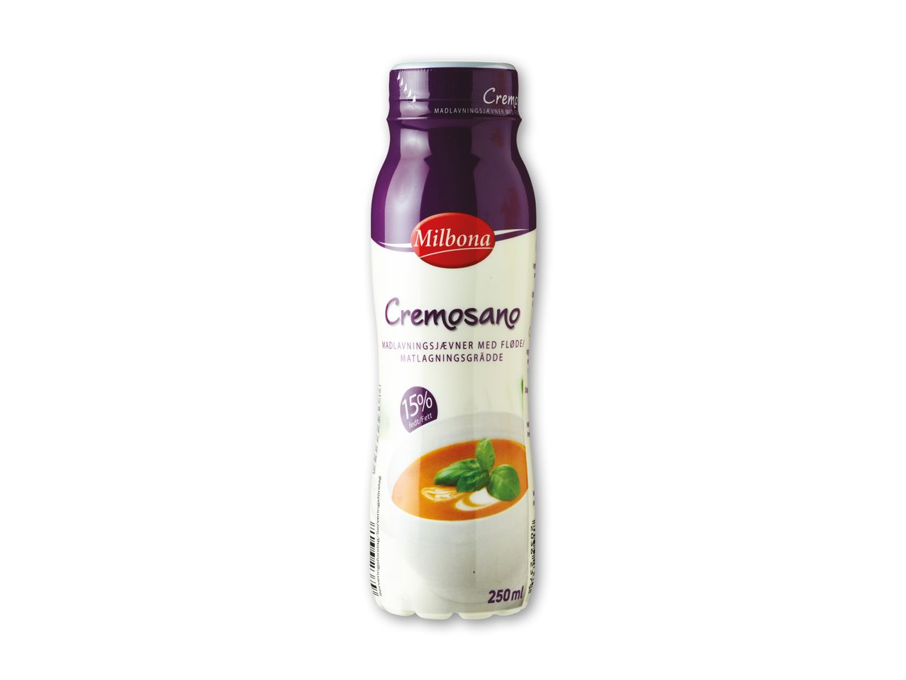 En flaske Milbona Cremosano madlavningsfløde med 15% fedt.