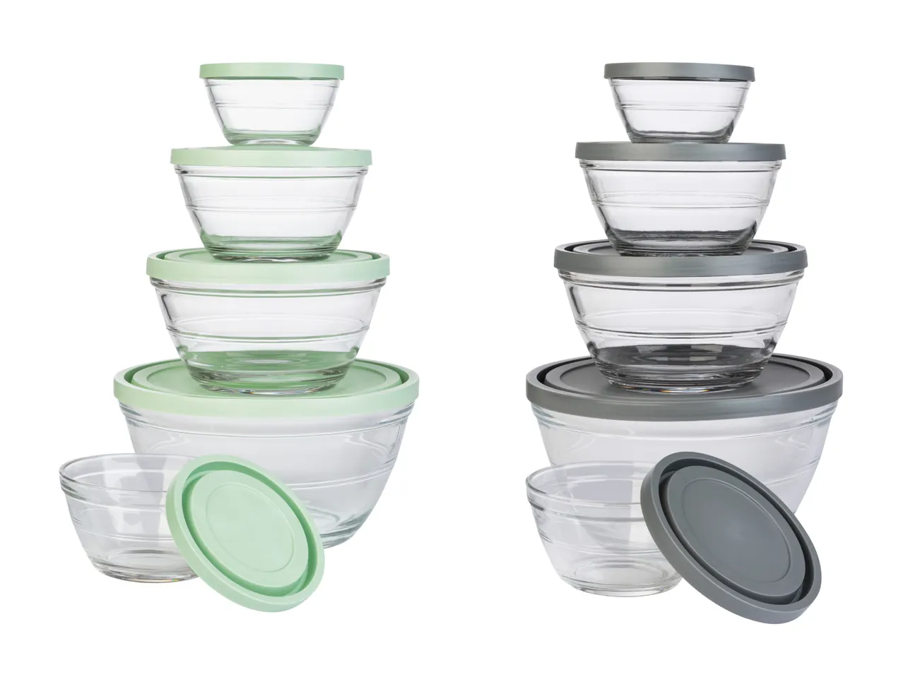 Glasschüssel-Set mit Deckeln in Grün und Grau.