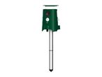 Green ultrasonic animal repeller with a solar panel and a ground stake.
