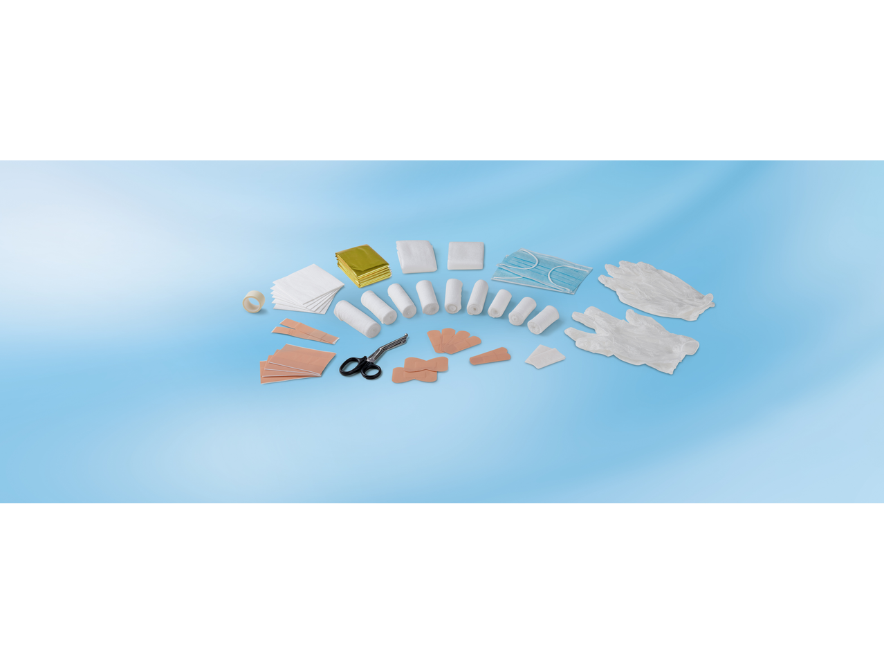 Sensiplast Car First Aid Kit with bandages, gauze, scissors, mask, and gloves.