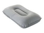 Grey inflatable camping pillow with a central indentation