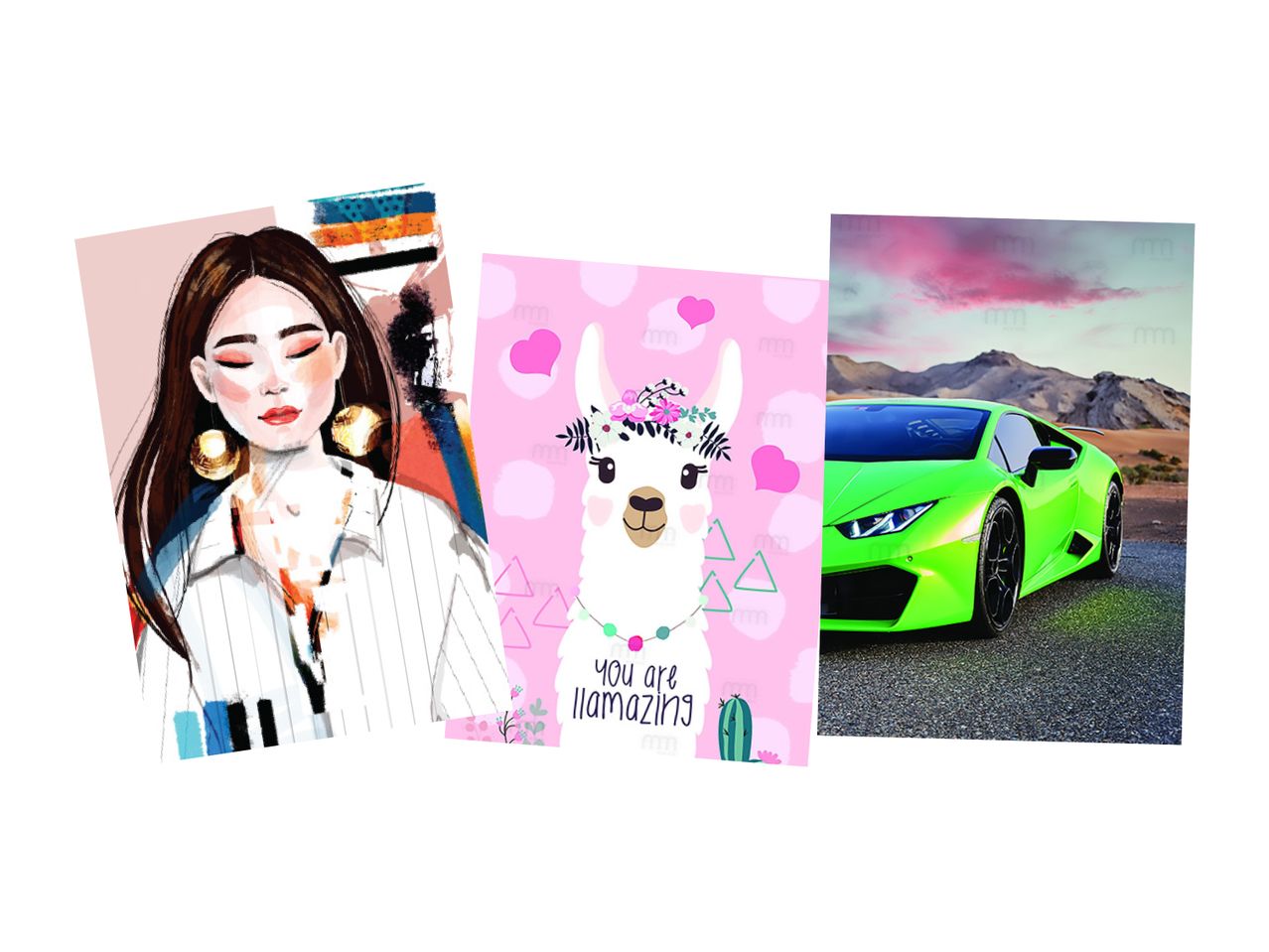 Tri različite slike: moderna ilustracija žene, simpatična lama i sportski automobil Lamborghini.
