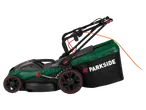 Parkside® electric lawnmower with grass catcher and orange cable on a black background.