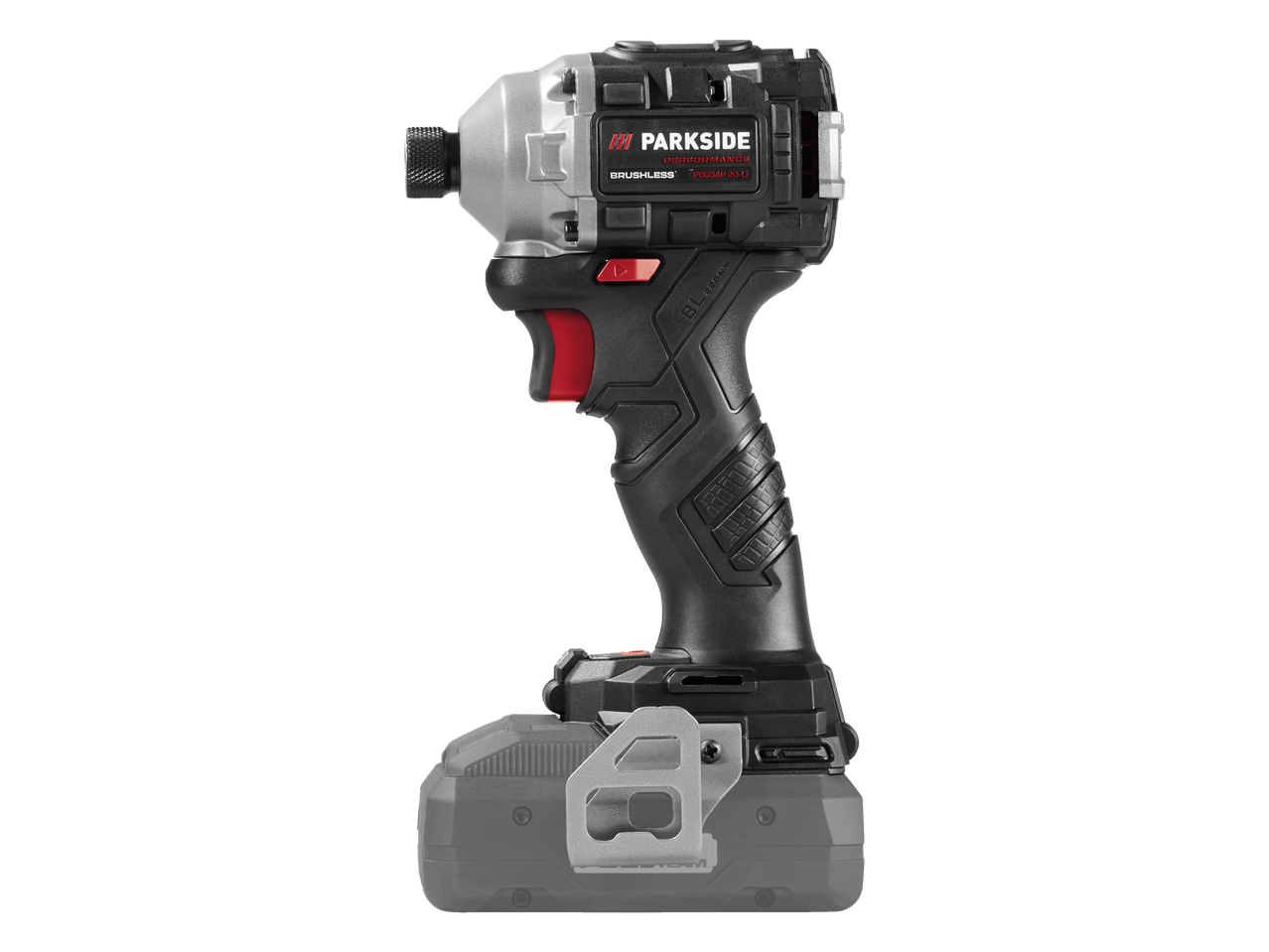 Aparafusadora de impacto sem fio Parkside Performance 20 V em fundo preto.