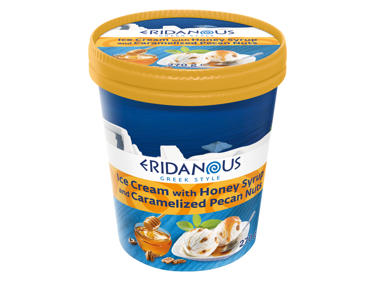 Eridanous ledai su medaus sirupu ir karamelizuotais pekano riešutais.