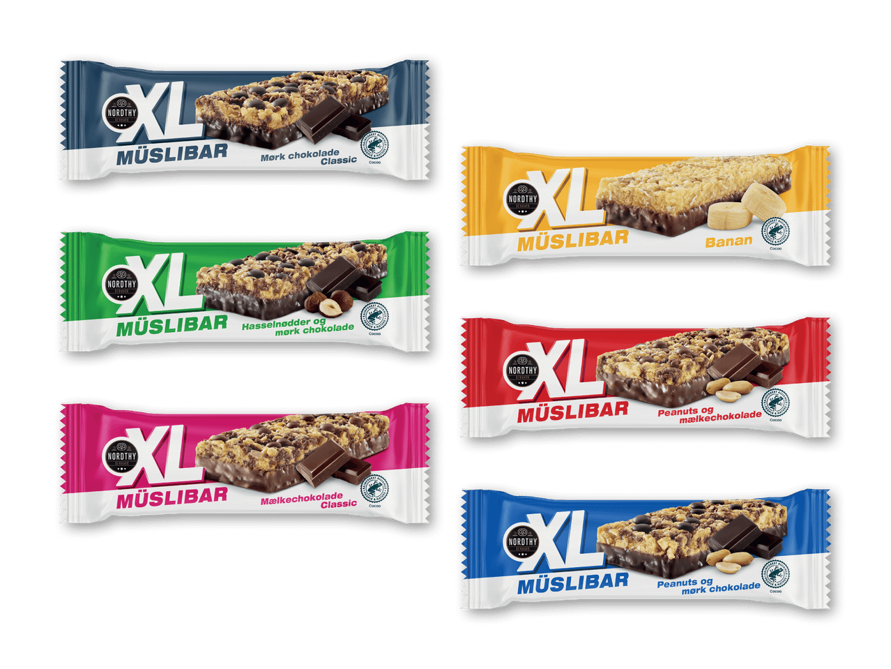 Seks XL müslibarer i forskellige smagsvarianter: mørk chokolade, hasselnødder, mælkechokolade, banan og peanuts.
