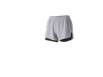 Light grey running shorts with a dark grey inner layer, featuring an elastic waistband.