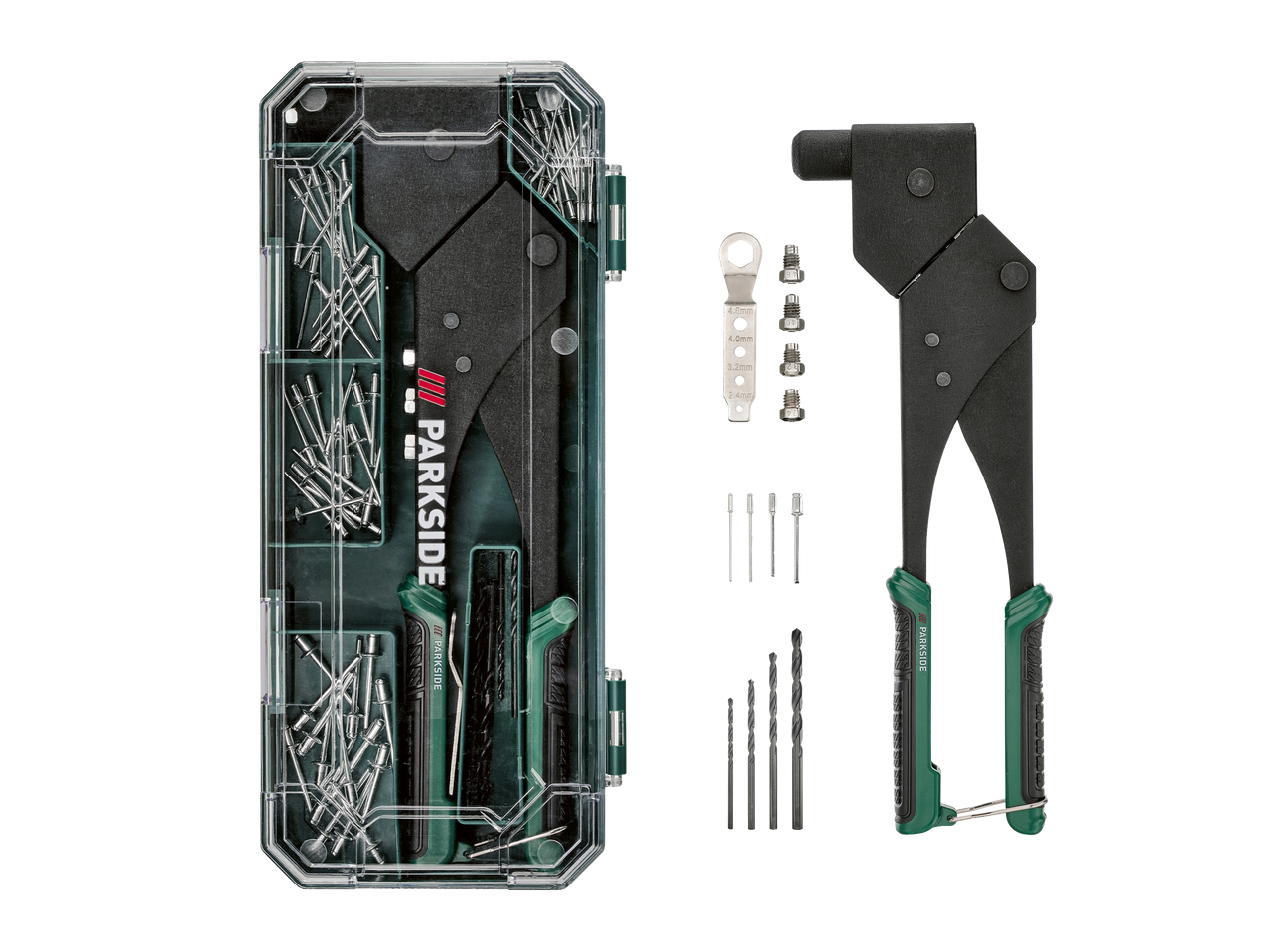 Set zakovica s kliještima za zakovice, svrdlima i raznim zakovicama u prozirnoj kutiji.