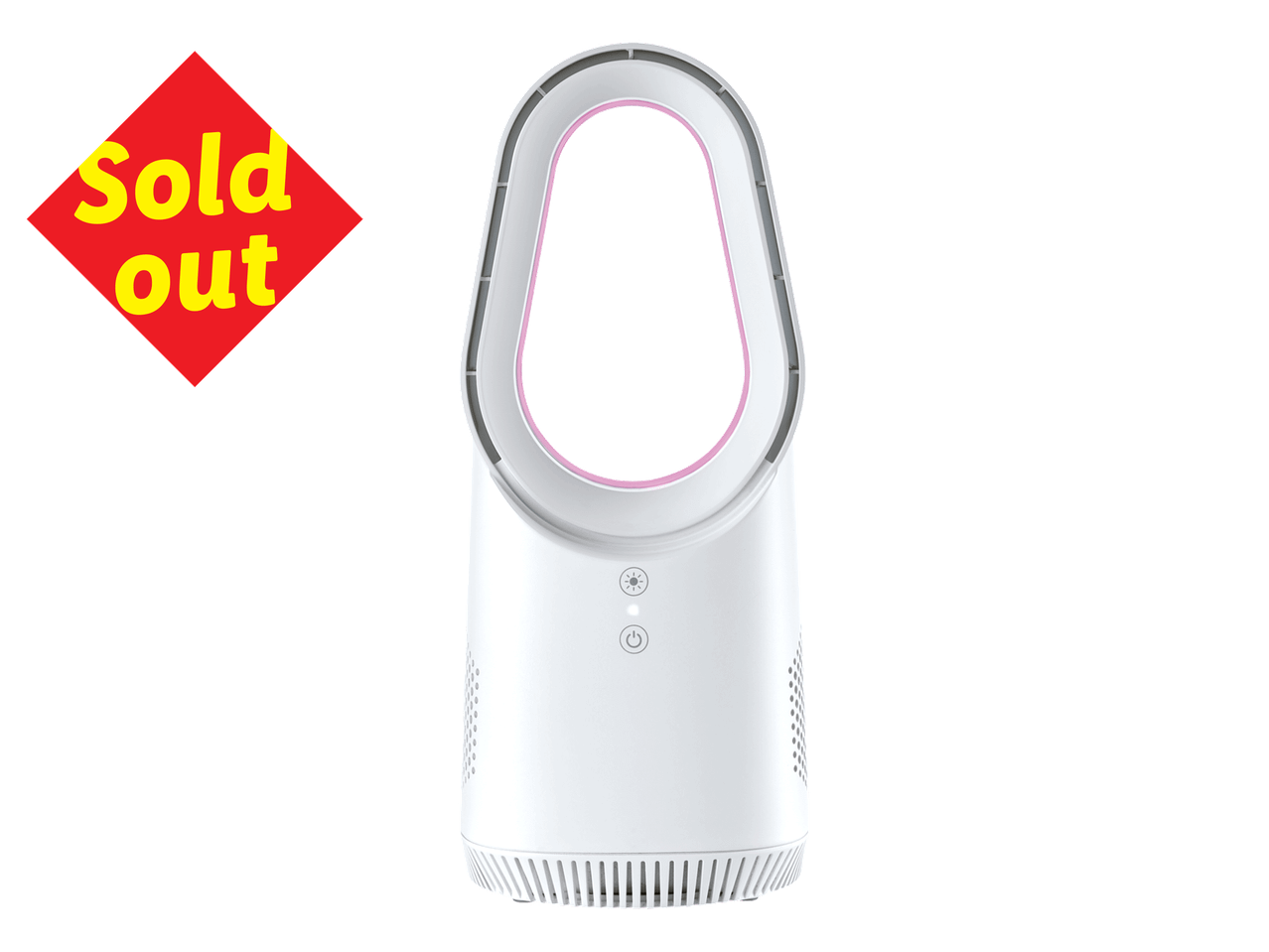 White bladeless fan with a pink inner ring and a red 'Sold out' sign.