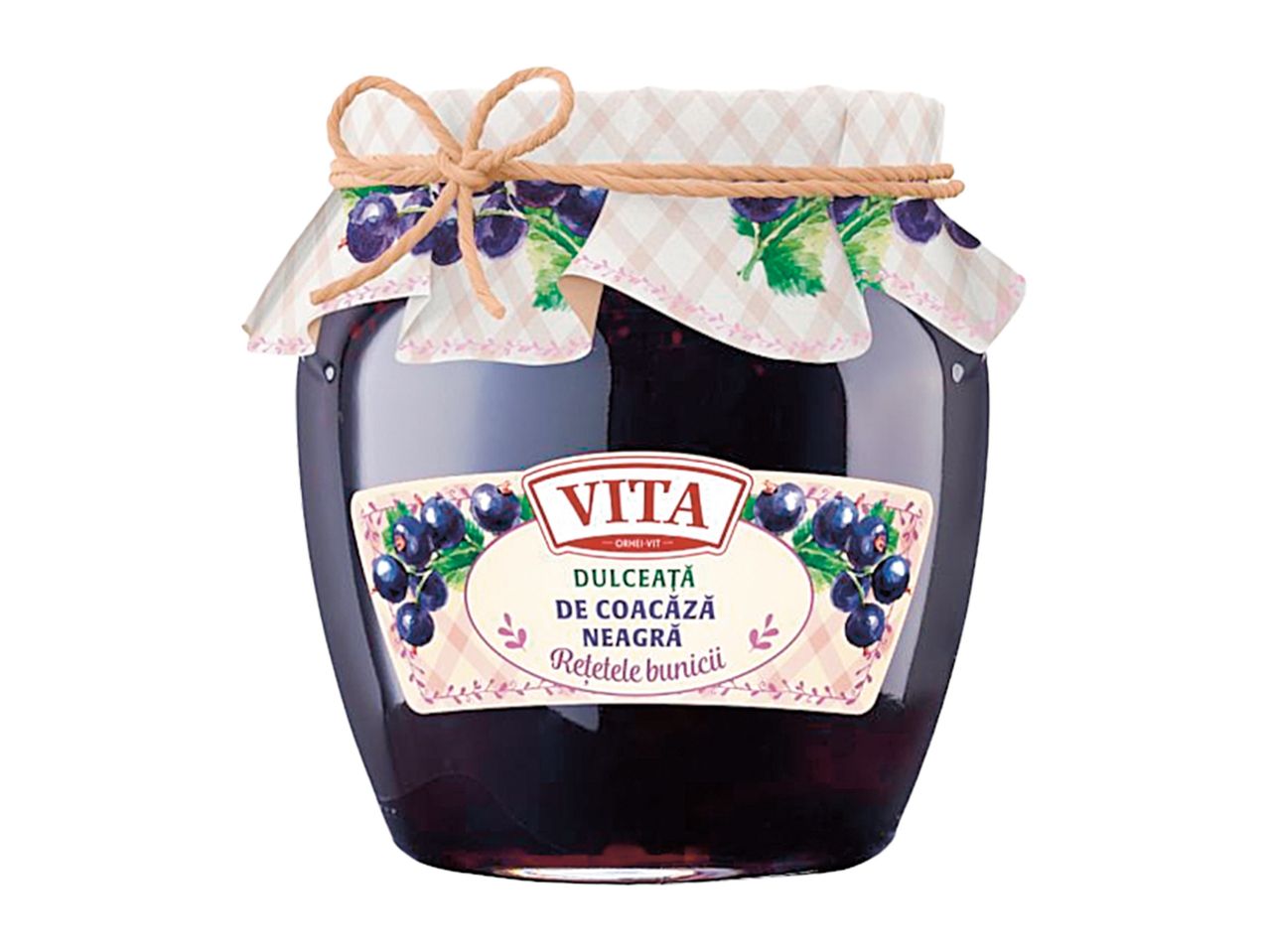 Borcan de dulceață de coacăze negre Vita, cu etichetă și capac decorat.