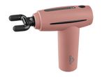 Pink massage gun with a U-shaped attachment, displaying power and intensity indicators.
