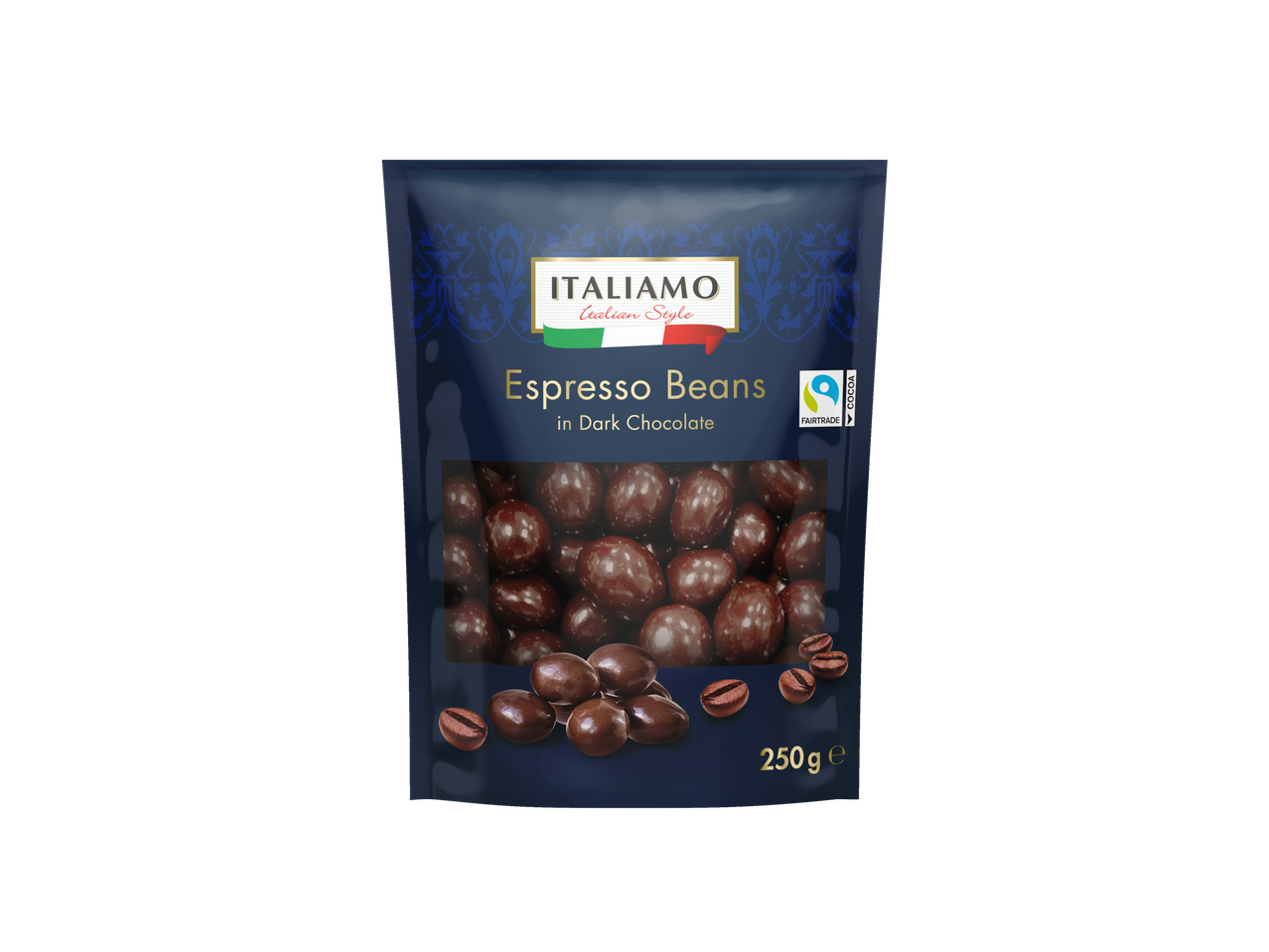 Italiamo Espresso Beans in Dark Chocolate, 250g, with Fairtrade cocoa.