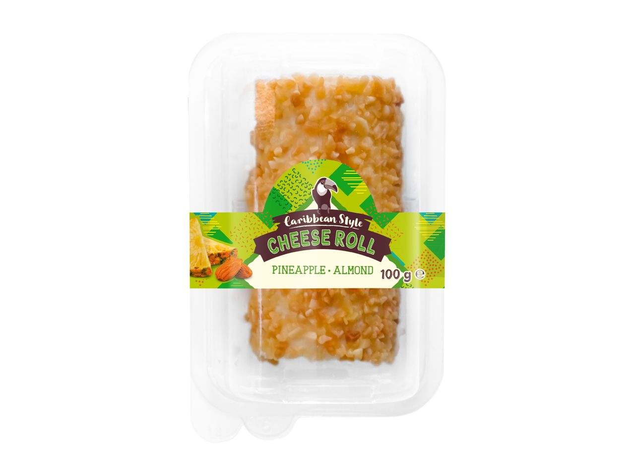 Caribbean style cheese roll with pineapple and almond, 100g, in a clear plastic container.
