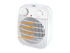 White electric fan heater with two control knobs and orange heat lines