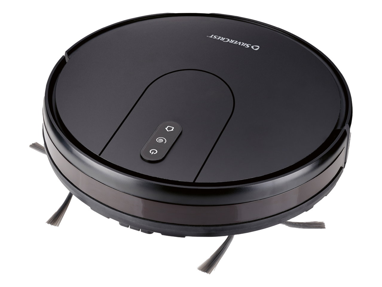 Crni robotski usisavač s kontrolnom pločom i bočnim četkama.