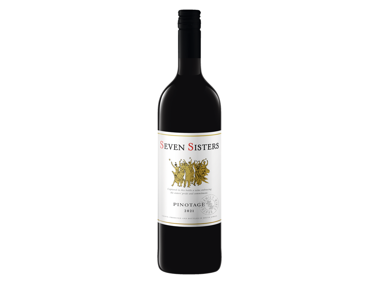 Een fles Seven Sisters Pinotage 2021 rode wijn met een wit en gouden etiket.