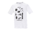 T-shirt blanc avec un motif d'outils de bricolage et le texte 'Empowering Workers, Building Dreams.'