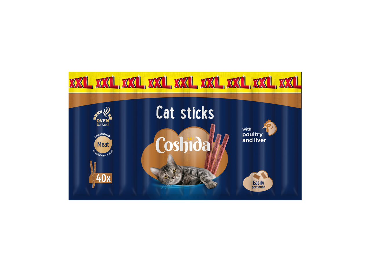 Coshida Cat sticks baromfival és májjal, sütőben sütve, 40x XXL, könnyen adagolható.