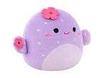 Purple plush toy with a pink flower on its head and small fins, featuring a smiling face.