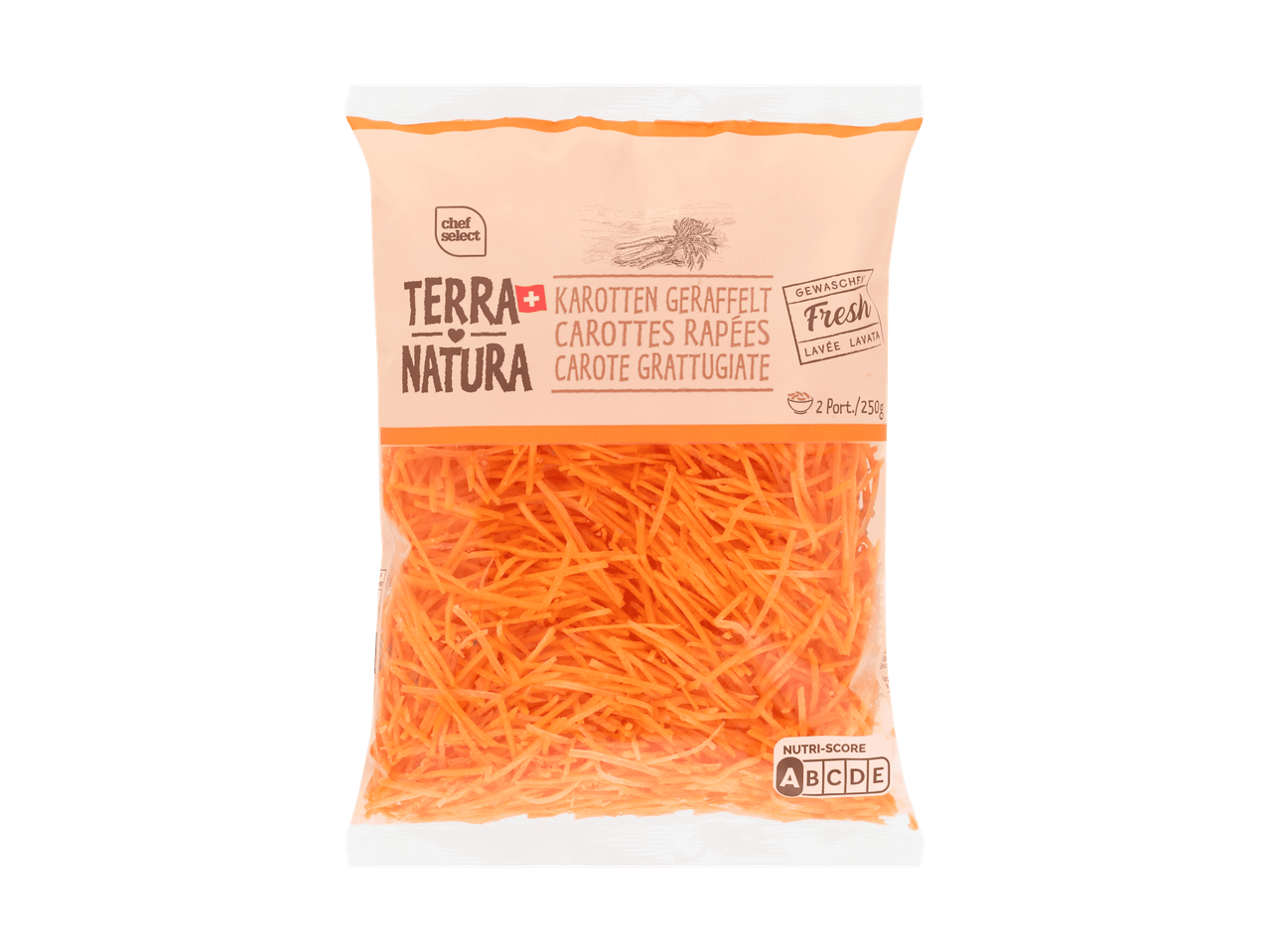 Packung mit frischen, gewaschenen geraspelten Karotten, Nutri-Score A.