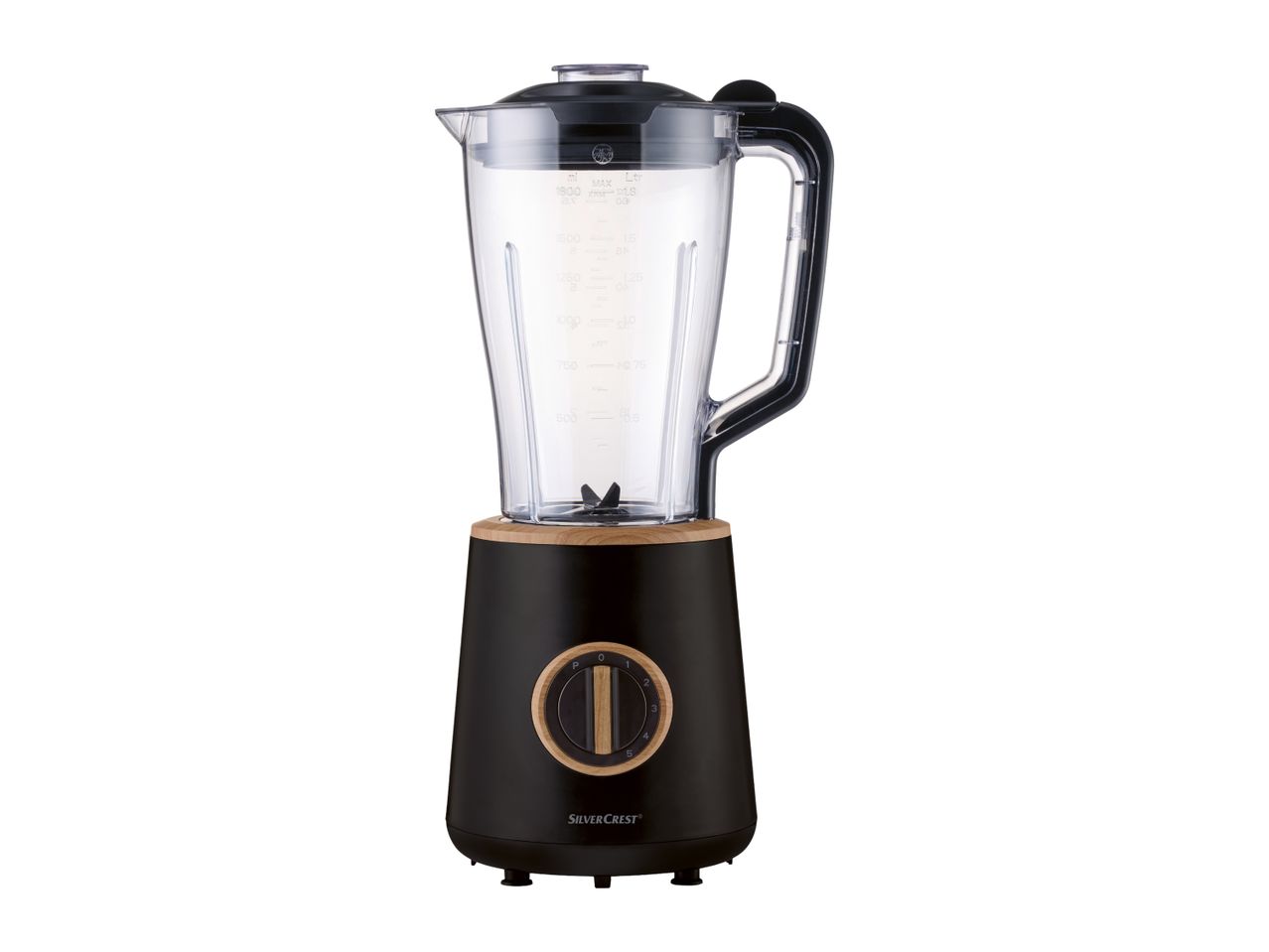 Black blender with a clear jug, wooden accents, and a control dial.