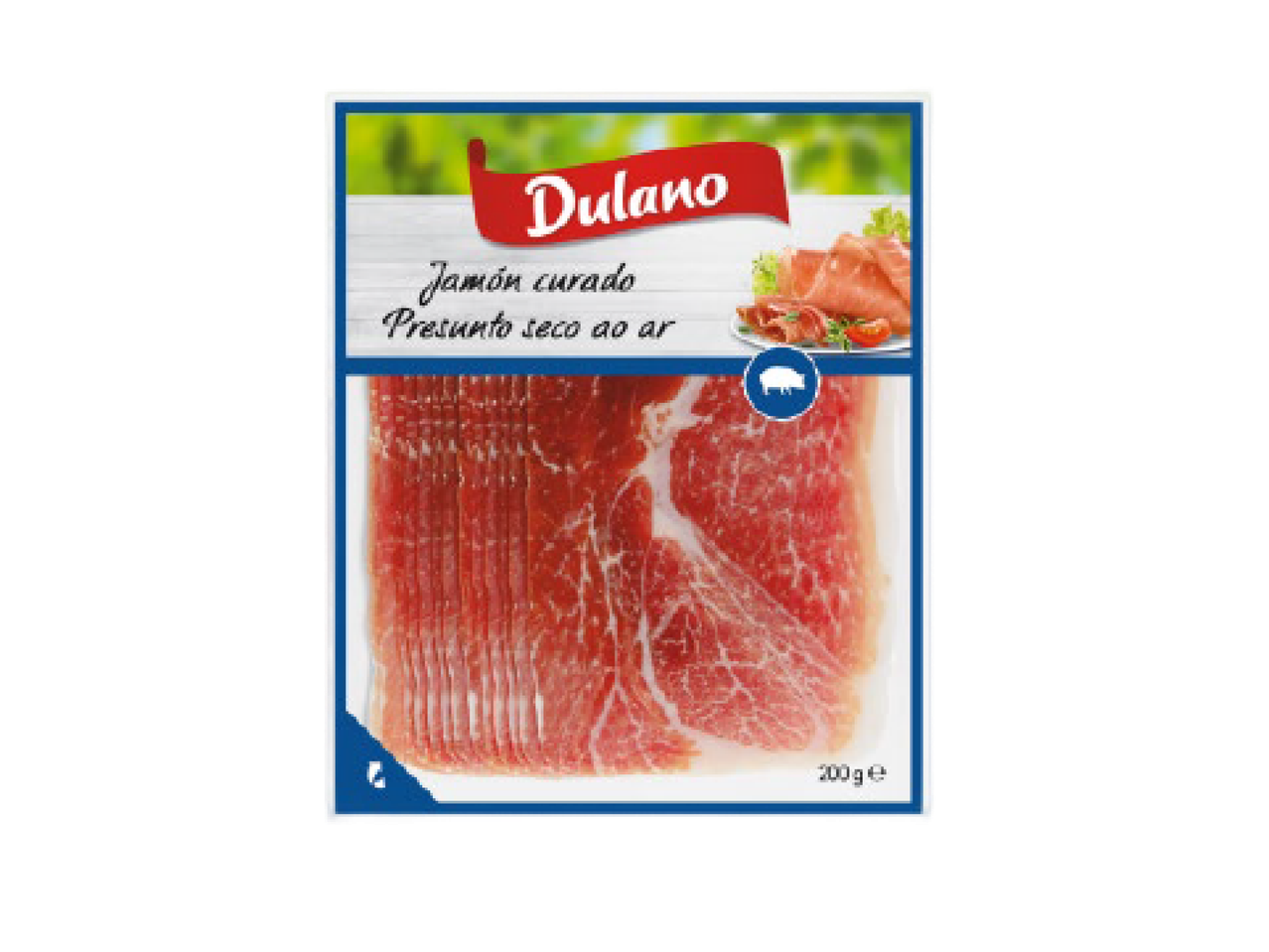 Embalagem de presunto curado fatiado, com a indicação 'Jamón curado Presunto seco ao ar'.