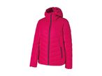 Pink women's hooded puffer jacket with black zipper