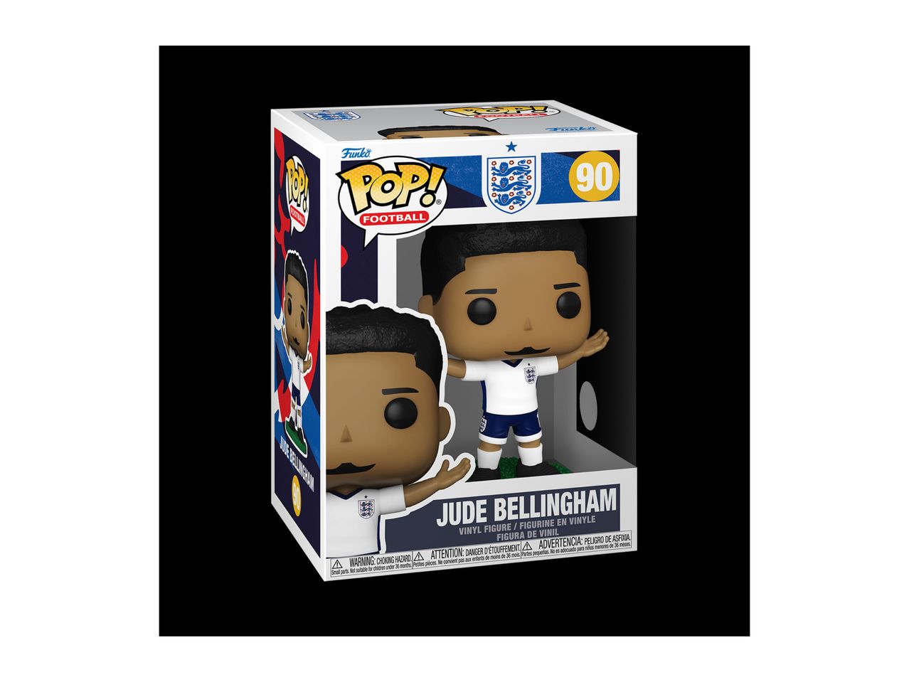 Football player collectible figure in a display box, featuring Jude Bellingham.