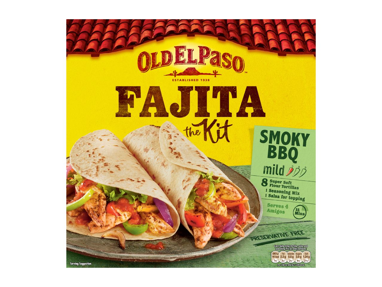 Smoky BBQ mild fajita kit with 8 soft flour tortillas, seasoning mix and salsa.