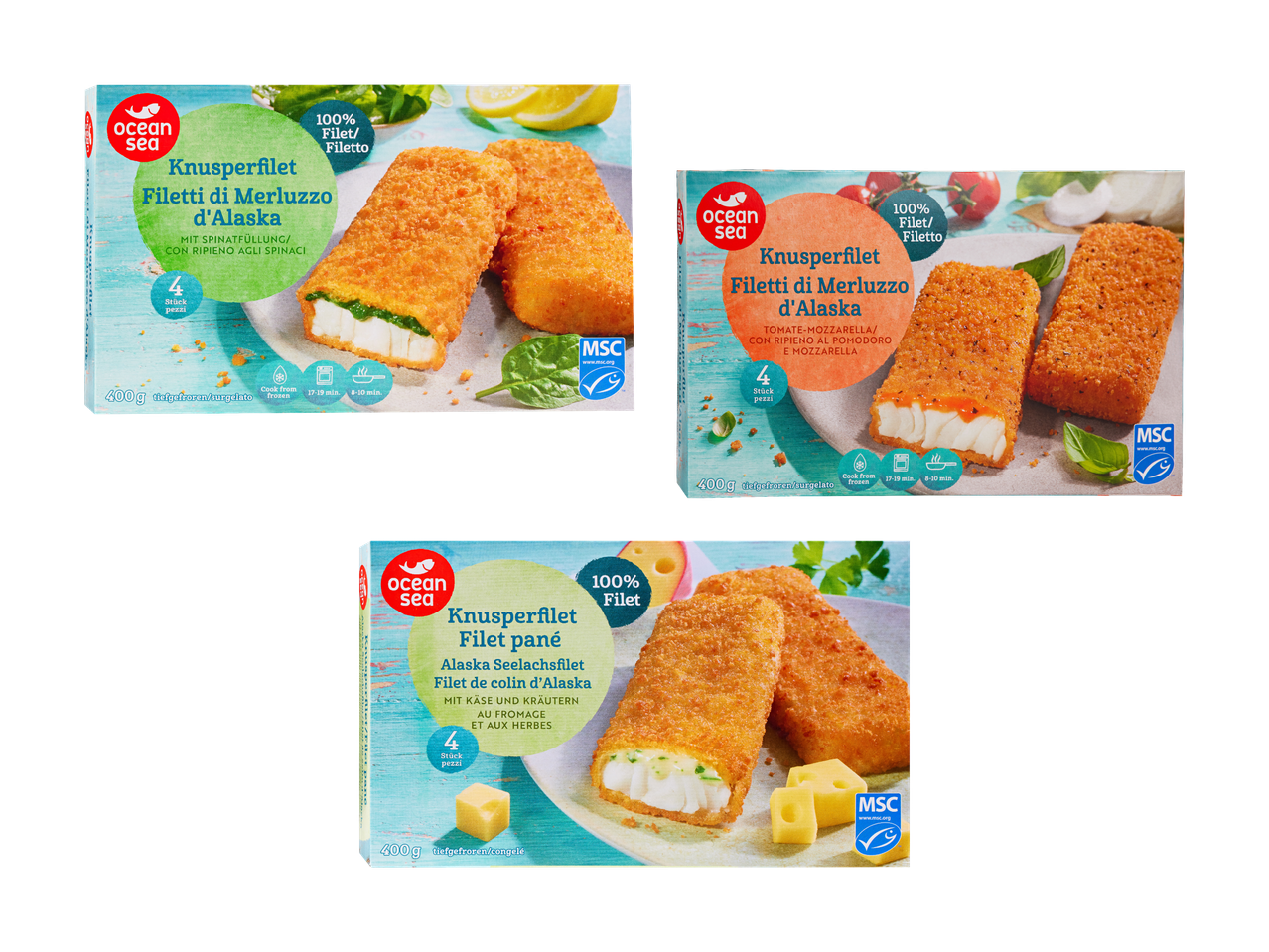Tre confezioni di filetti di pesce croccanti in diversi gusti.