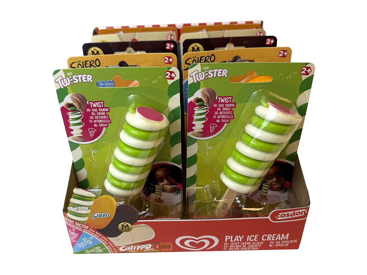 Toy ice cream bars in a display box, featuring a twistable green and white design.