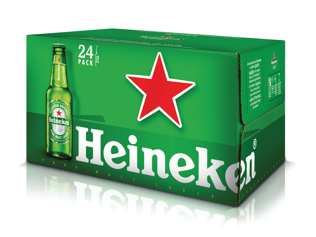 Caixa de 24 garrafas de Heineken, cerveja Lager Premium.