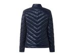 Dark blue quilted puffer jacket with a stand-up collar, viewed from the back.
