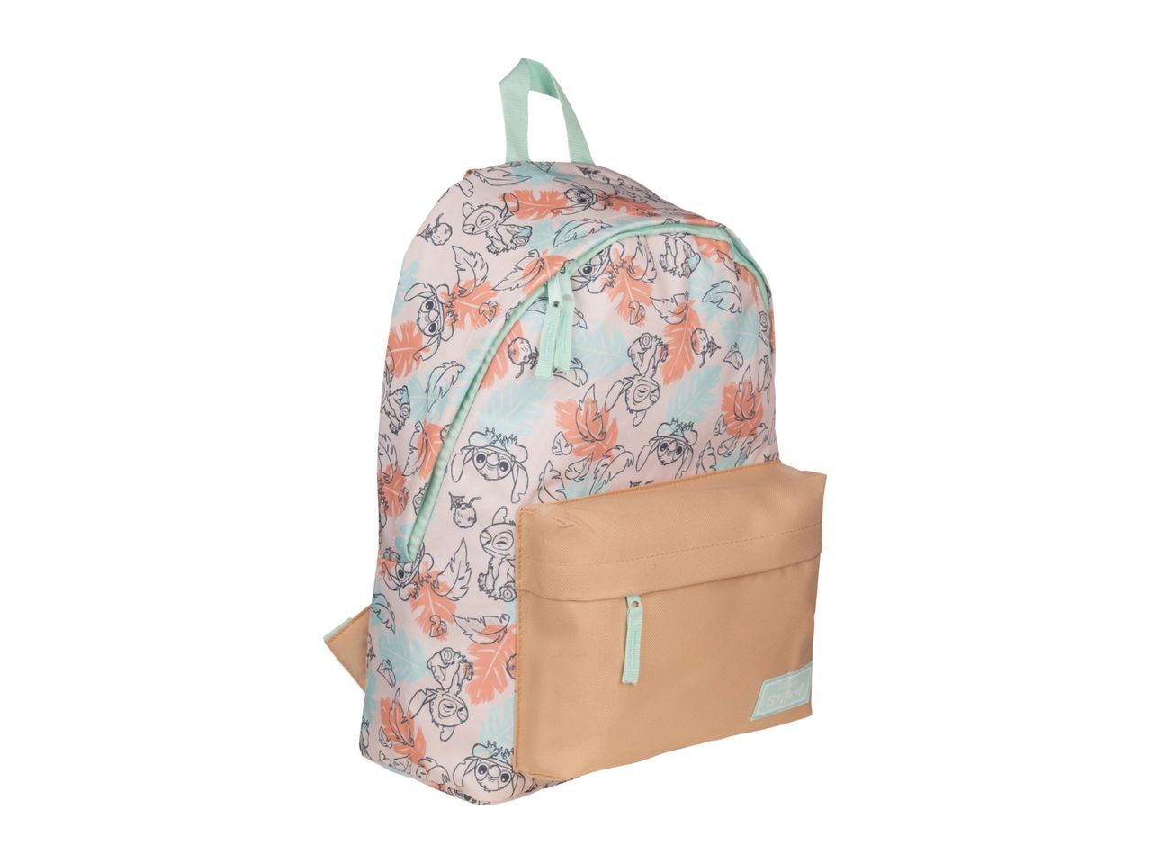 Light pink backpack with a tropical leaf and cartoon character pattern, and a beige front pocket.