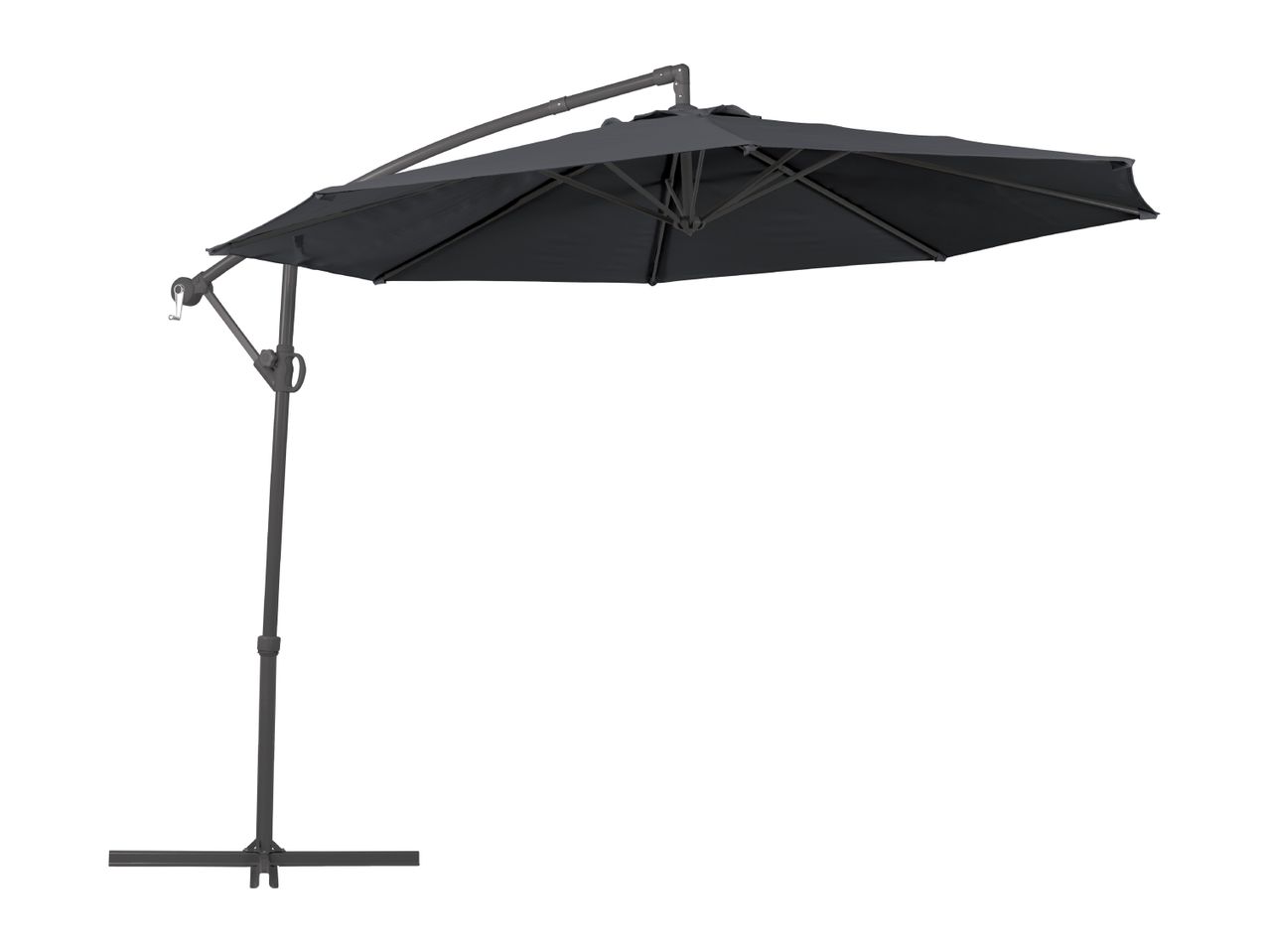 Dark grey cantilever patio umbrella with a crank handle and cross base