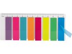 A dispenser of colorful, rectangular sticky notes.
