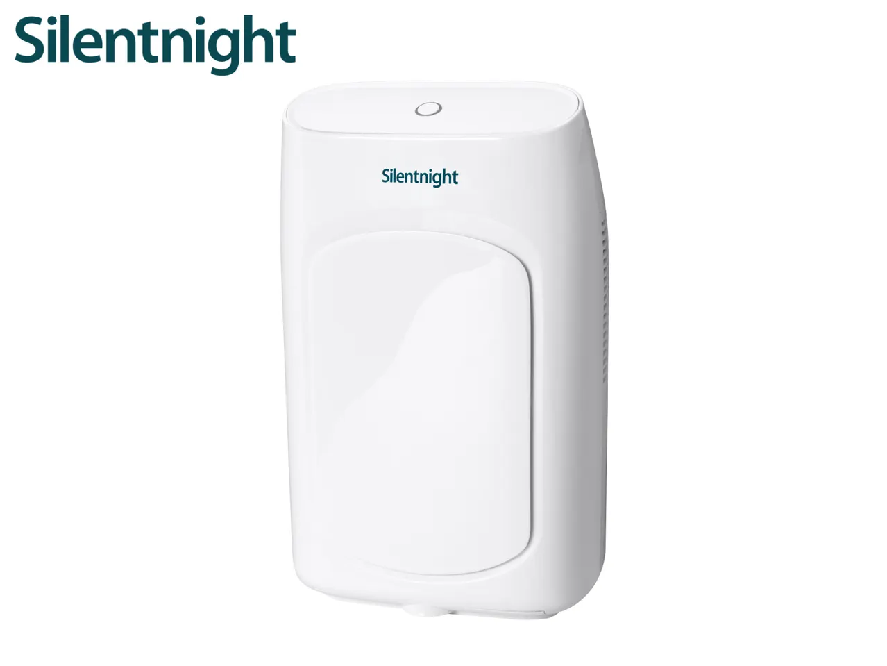 A white portable dehumidifier with a sleek, modern design.