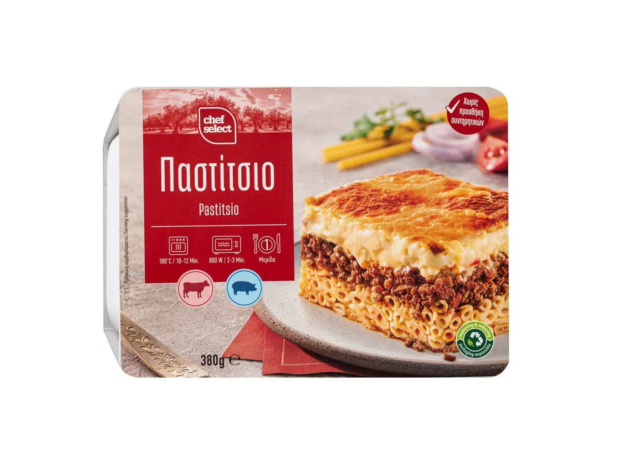 Συσκευασία Chef Select Παστίτσιο με εικόνα του φαγητού και οδηγίες μαγειρέματος.