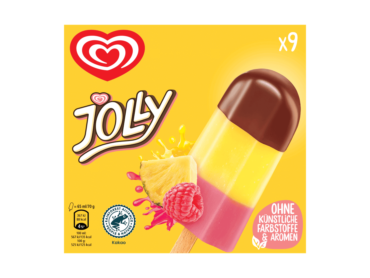 Packung mit 9 mehrfarbigen Eis am Stiel mit Fruchtgeschmack, ohne künstliche Farb- und Aromastoffe.