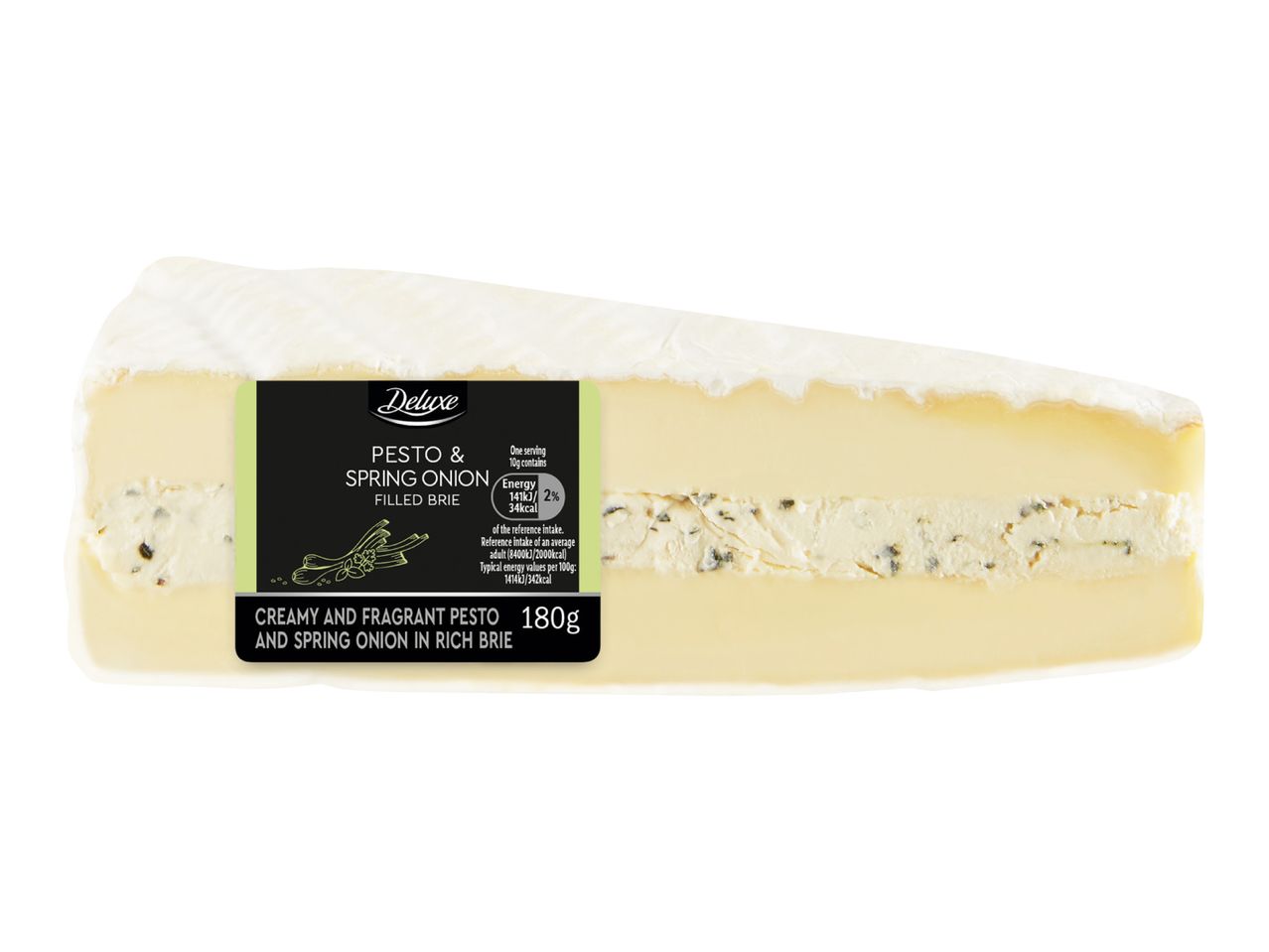 A wedge of brie cheese filled with pesto and spring onion, with a label showing nutritional information.