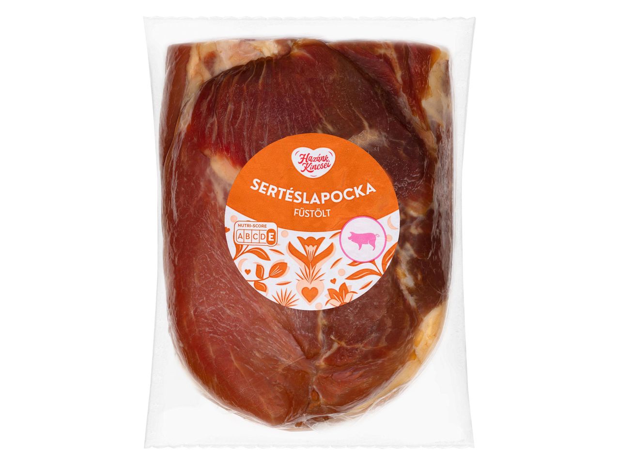 Füstölt sertéslapocka vákuumcsomagolásban, narancssárga címkével.