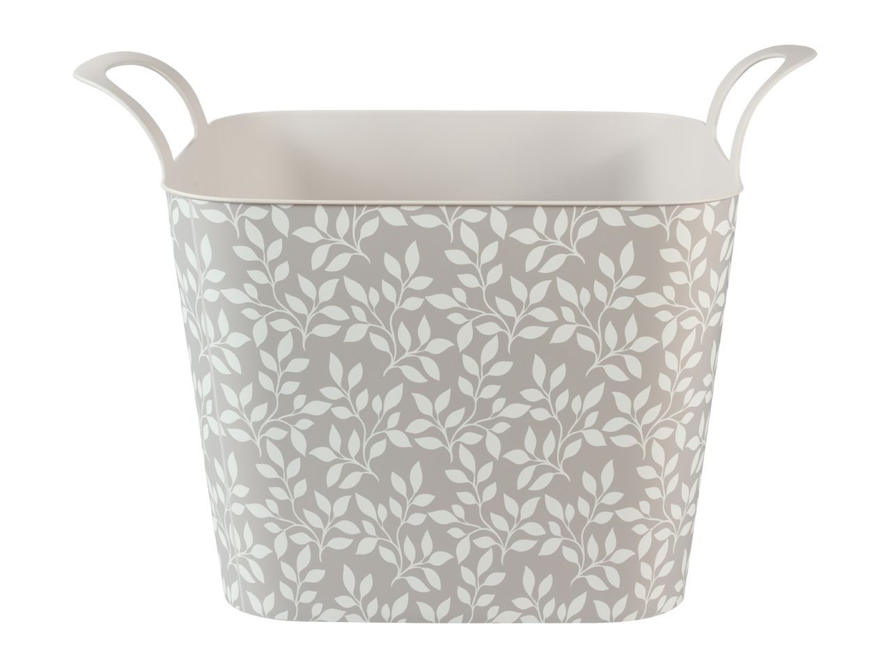 Grey storage basket with white leaf pattern and handles