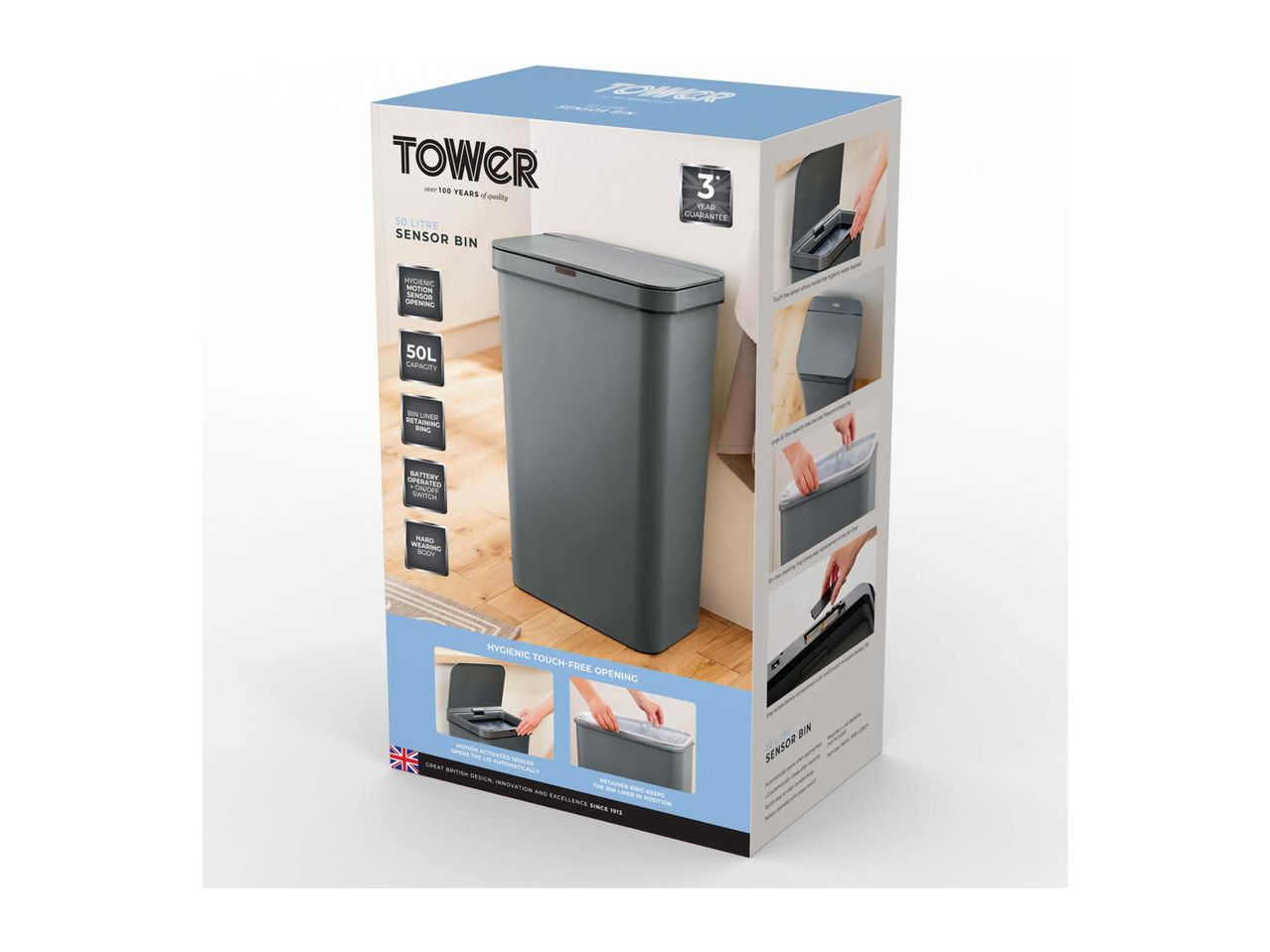 50-litre sensor bin with hygienic motion sensor opening, bin liner retaining ring, and 3-year guarantee.