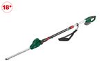 Cordless long-reach hedge trimmer with an 18+ age restriction symbol.