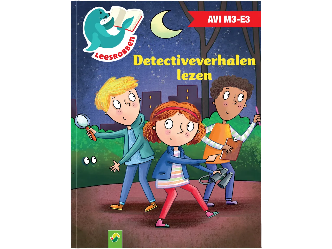Kinderboekcover: drie kinderen als detectives, een lezende zeehond en de tekst 'Detectiveverhalen lezen'.