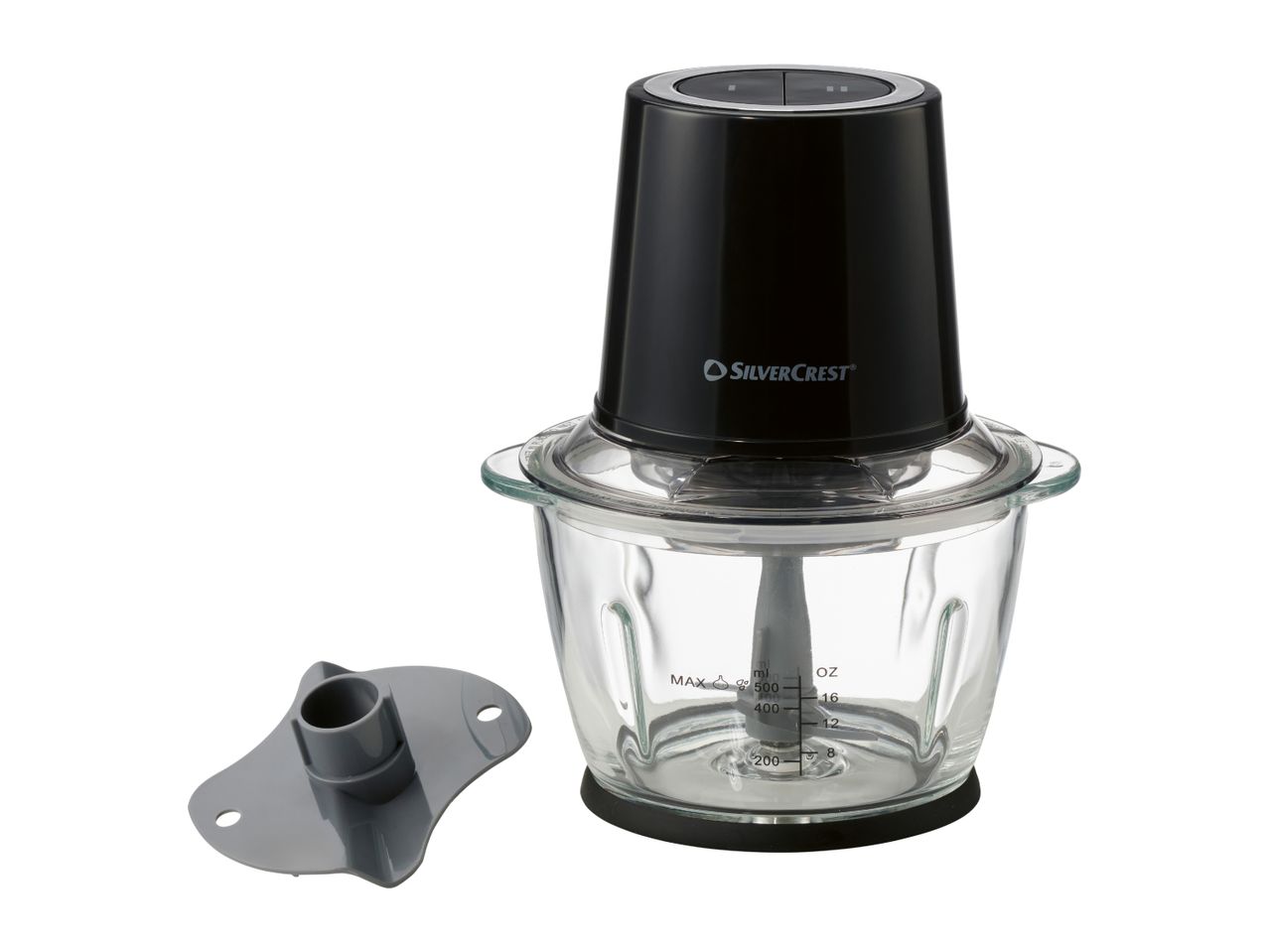 Black and clear glass food chopper with a grey spatula on a white background.
