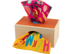 Wooden tissue box toy with colorful fabric tissues, one with fruit patterns and one with letters.